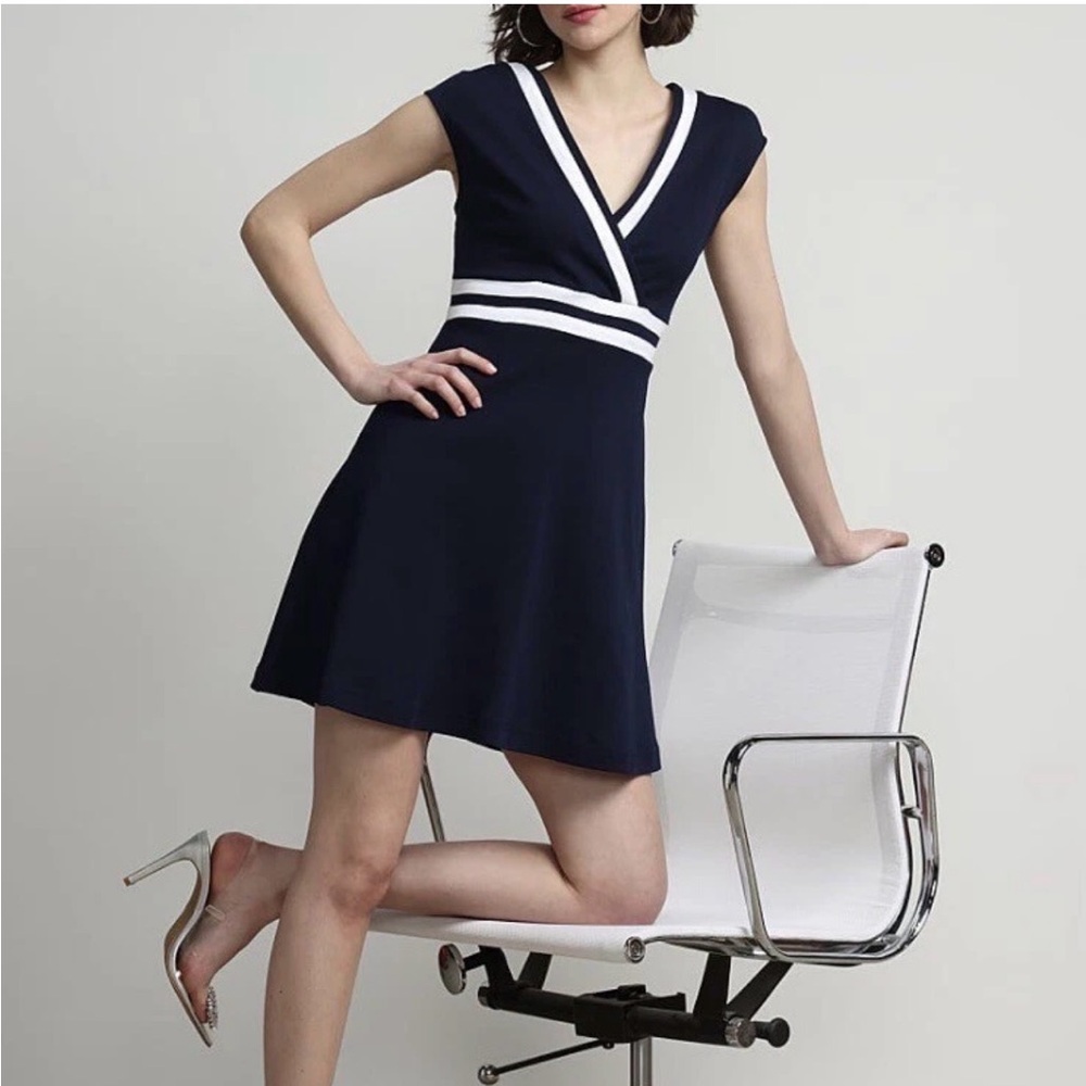 New York & Company Navy Mini Dress with White Stripe Trim